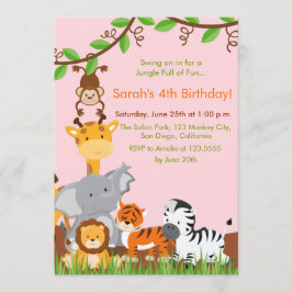Cute Jungle Animals Girl Födelsedagsfest inbjudan