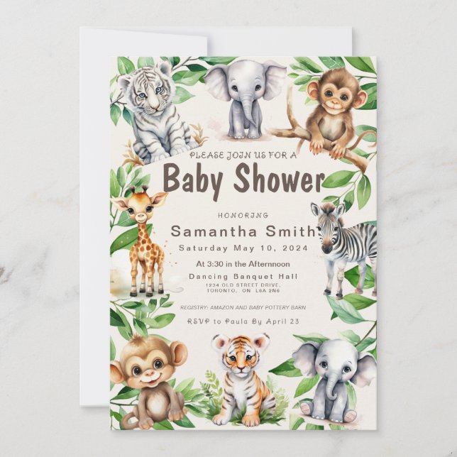 Cute Jungle Animals Greenery Baby Shover Inbjudningar (Framsida)
