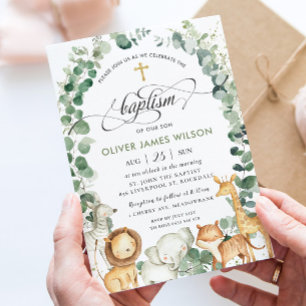 Cute Jungle Animals Greenery Christening Baptism Inbjudningar