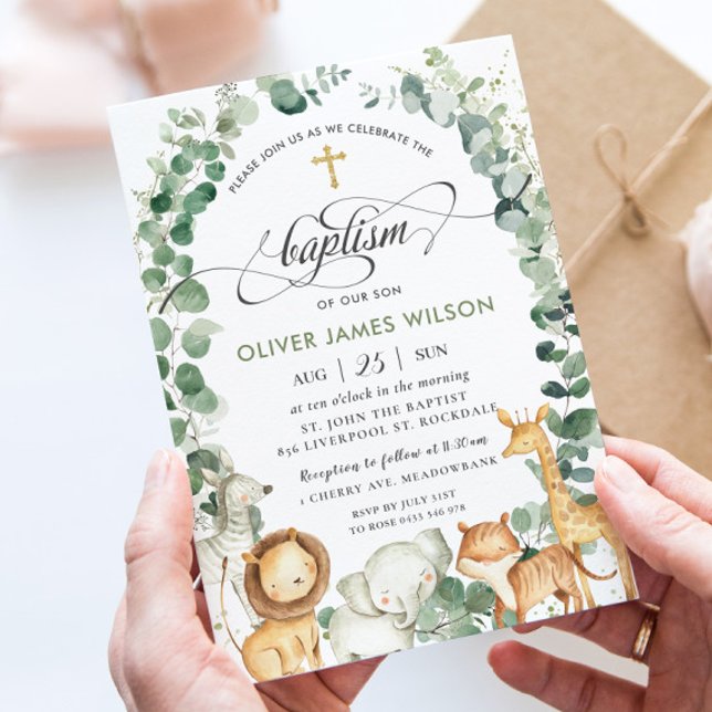 Cute Jungle Animals Greenery Christening Baptism Inbjudningar (Skapare uppladdad)