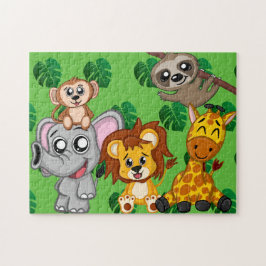Cute Jungle Animals Grönt Tecknad Rainforest Pussel