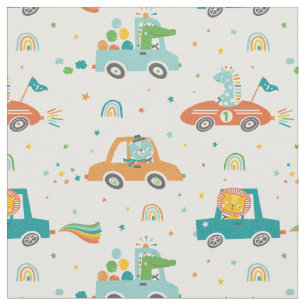 Cute Jungle Animals in Cars on white Tyg
