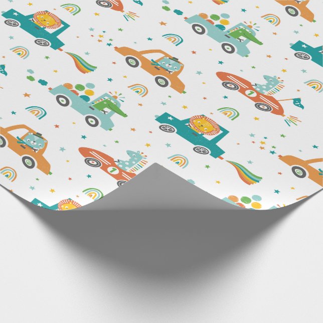 Cute Jungle Animals in Cars with regnbows Presentpapper (Hörn)