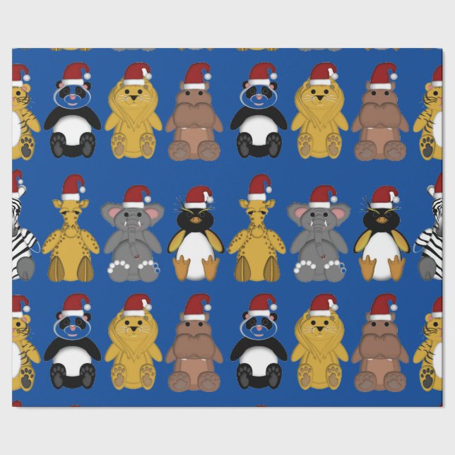 CUTE JUNGLE ANIMALS IN SANTA HATS Wrapping Papper Presentpapper (Seam)