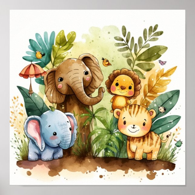 Cute Jungle Animals Kids Nursery Poster (Framsidan)