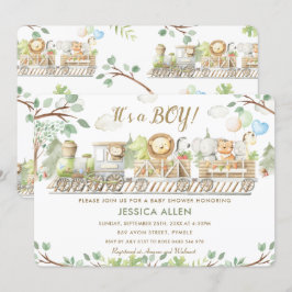 Cute Jungle Animals Tåg Greenery Baby Shower Inbjudningar