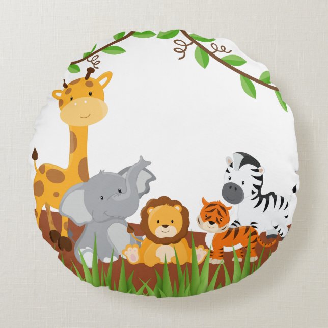 Cute Jungle Baby djur Round Pillow Rund Kudde (Framsidan)