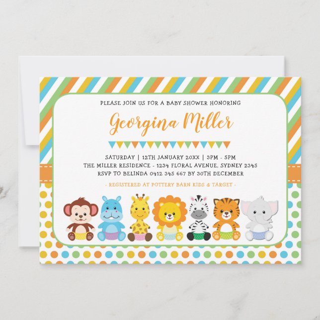 Cute Jungle Baby djur Safari Baby Shower Inbjudningar (Framsida)