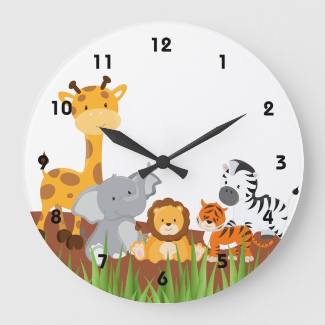 Cute Jungle Baby djur Wall Clocks Stor Klocka (Framsida)