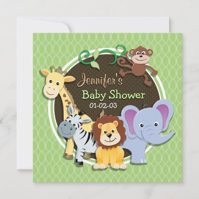 Cute Jungle Baby Shower; Ovaler för ljussken Grönt Inbjudningar (Framsida)