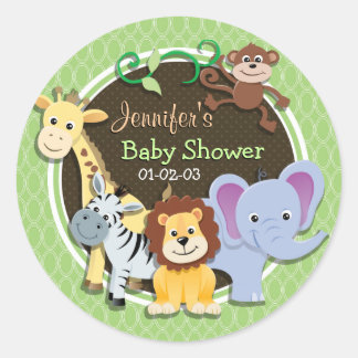 Cute Jungle Baby Shower; Ovaler för ljussken Grönt Runt Klistermärke