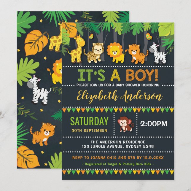 Cute Jungle Boy Shower Safari Animals Party Inbjudningar (Fram/baksida)
