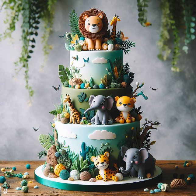 CUTE JUNGLE DJUR THEMED BARNS FÖDELSEDAG CAKE KORT (Skapare uppladdad)