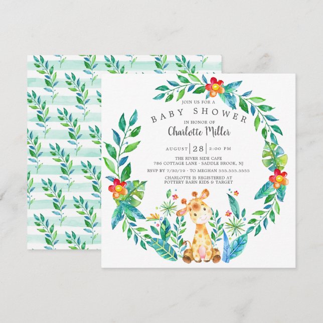 Cute Jungle Giraffe Baby Shower Inbjudningar (Fram/baksida)