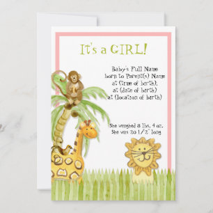 Cute Jungle Monkey Giraffe Lejon Newborn Flicka Inbjudningar