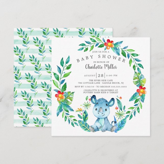 Cute Jungle Rhino Baby Shower Inbjudningar (Fram/baksida)