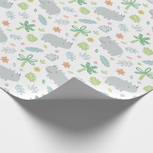 Cute jungle Rhinos med palmträd och blad vitt Presentpapper (Hörn)