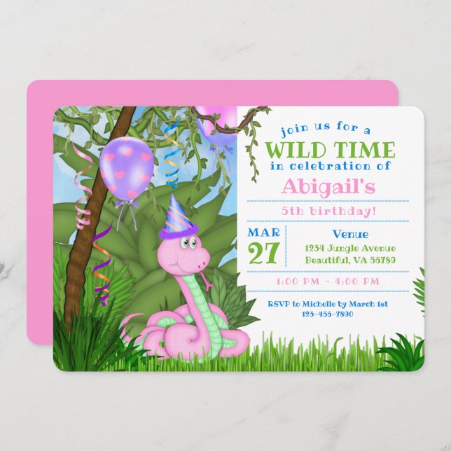 Cute Jungle Rosa Snake Barns födelsedag Party Inbjudningar (Fram/baksida)