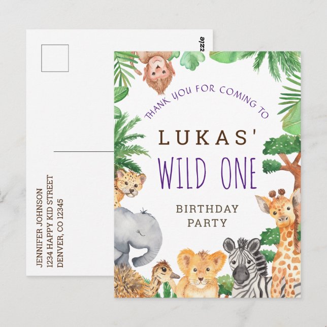 Cute Jungle Safari 1:a födelsedagen Party Tack Vykort (Fram/baksida)