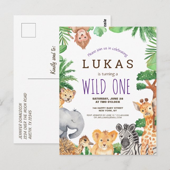 Cute Jungle Safari 1:a födelsedagsinbjudan Vykort (Fram/baksida)