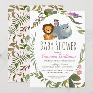 Cute Jungle Safari Animal Rosa Baby Shower Invita Inbjudningar