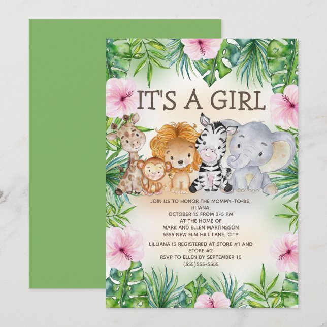 Cute Jungle Safari Animals Flicka Inbjudningar (Fram/baksida)