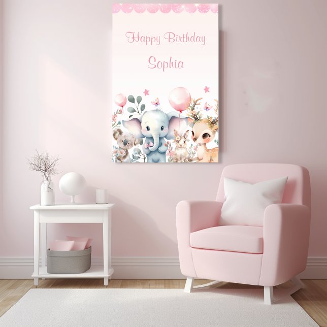 Cute Jungle Safari Animals Girl Birthday Välkomna Poster (Skapare uppladdad)