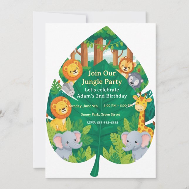 Cute Jungle Safari Animals Leaf Shape 2nd Birthday Inbjudningar (Framsida)