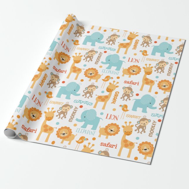 Cute Jungle Safari Animals Mönster Presentpapper (Utrullad)