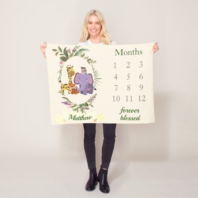 Cute Jungle Safari Animals Pojke Milestone Fleecefilt (På plats)