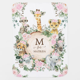 Cute Jungle Safari Animals  Rosa Blommigt Girl Gir Bebisfilt