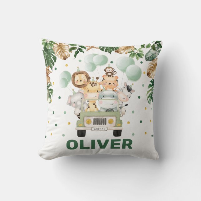 Cute Jungle Safari Animals Tropical Greenery Boy Kudde (Framsida)