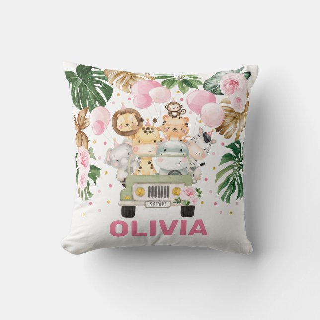 Cute Jungle Safari Animals Tropical Greenery Girl Kudde (Framsida)