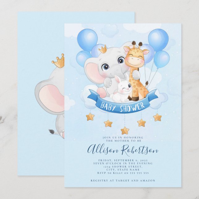 Cute Jungle Safari Animals Watercolor Baby Shower Inbjudningar (Fram/baksida)