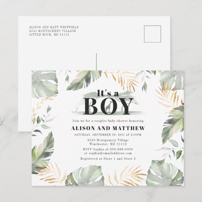 Cute Jungle Safari Baby Shower Boys Giraffe Inbjudan Vykort (Fram/baksida)