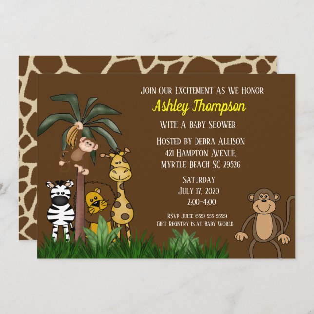 Cute Jungle Safari Baby Shower-inbjudningar Inbjudningar (Fram/baksida)