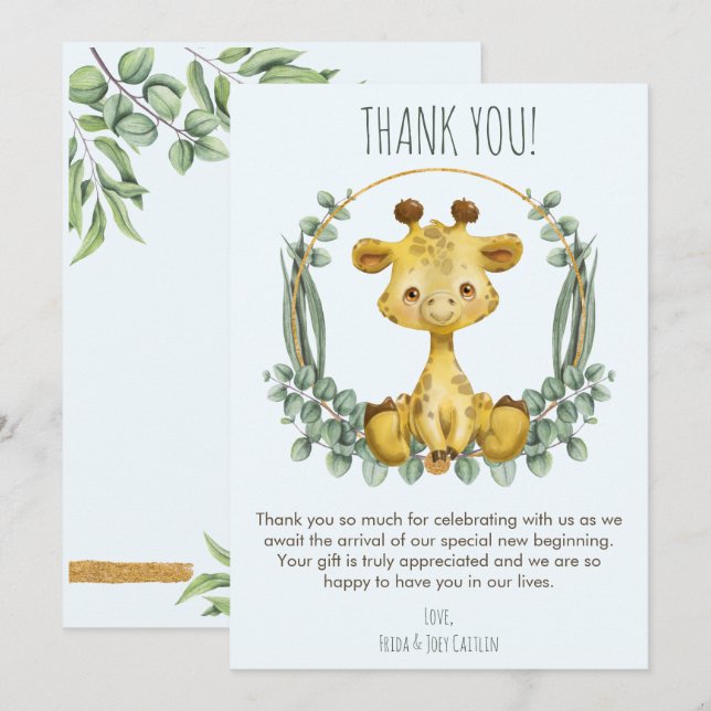 Cute Jungle Safari Giraffe Baby Shower Tack Kort (Fram/baksida)