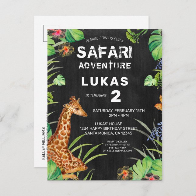 Cute Jungle Safari Giraffe Birthday-inbjudan Inbjudan Vykort (Fram/baksida)