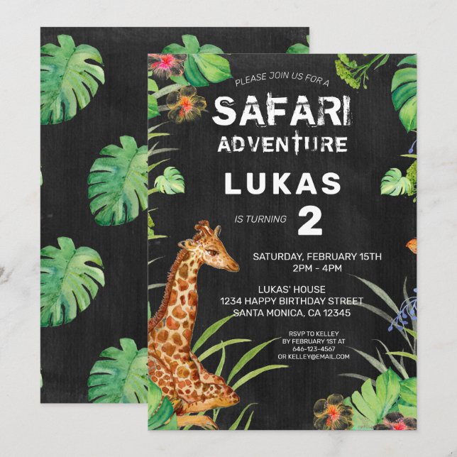 Cute Jungle Safari Giraffe Chalkboard Birthday Inbjudningar (Fram/baksida)