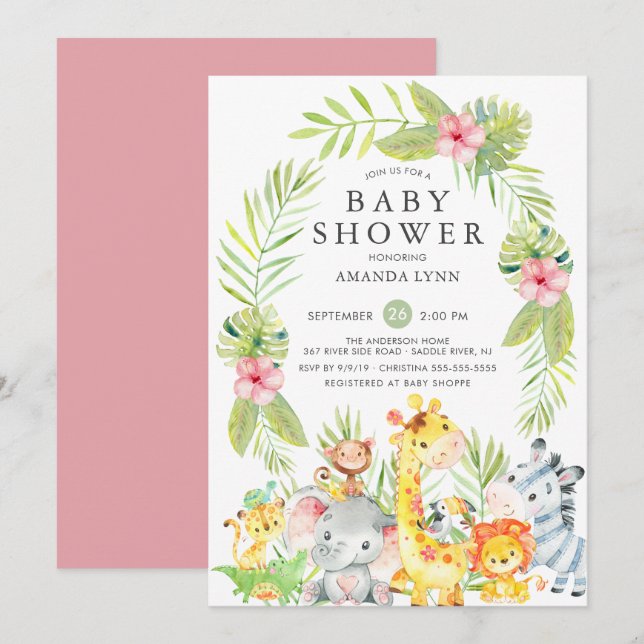 Cute Jungle Safari Girl Baby Shower-inbjudan Inbjudningar (Fram/baksida)
