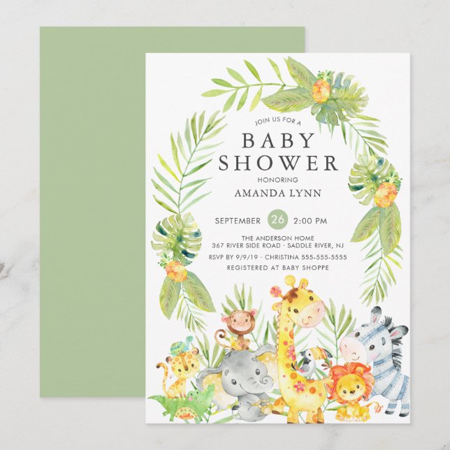 Cute Jungle Safari Neutralt Baby Shower-inbjudan Inbjudningar (Fram/baksida)