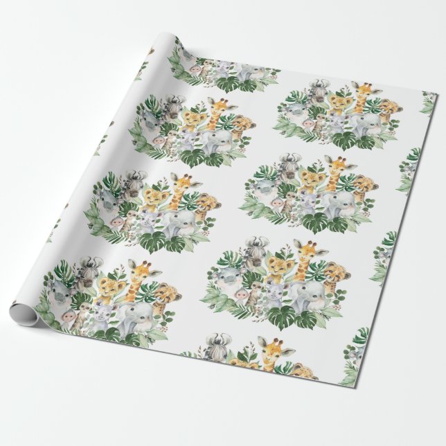 Cute Jungle Safari Vilda djur Tropical Greenery Presentpapper (Utrullad)