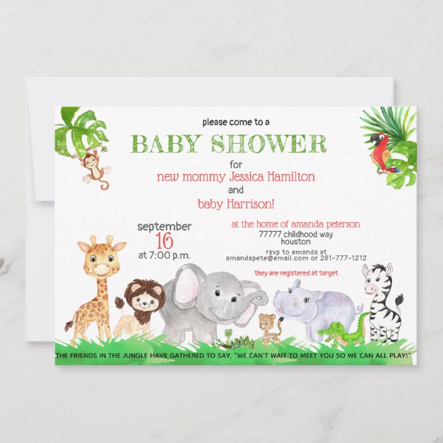 Cute Jungle Safari Zoo Animals Baby Shower Inbjudningar (Framsida)
