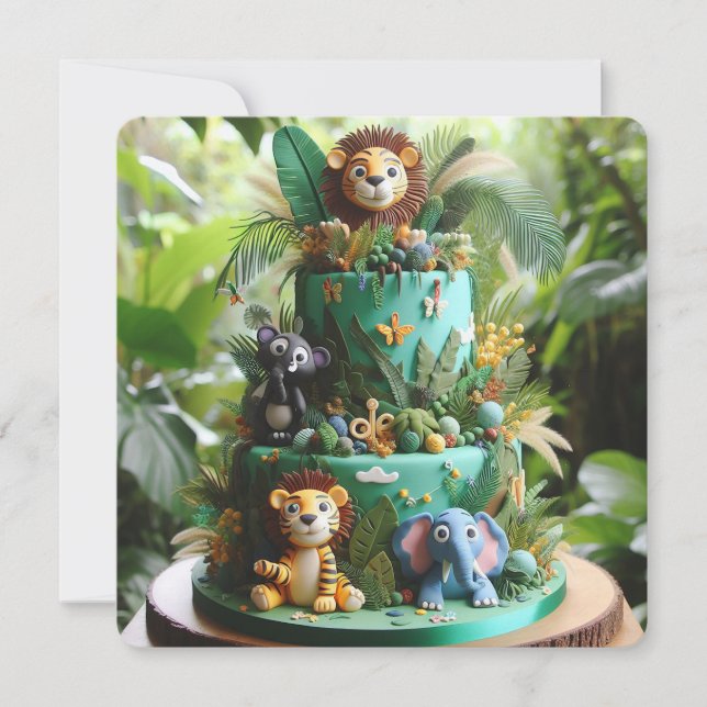 CUTE JUNGLE THEMED BARNS FÖDELSEDAG CAKE KORT (Framsida)