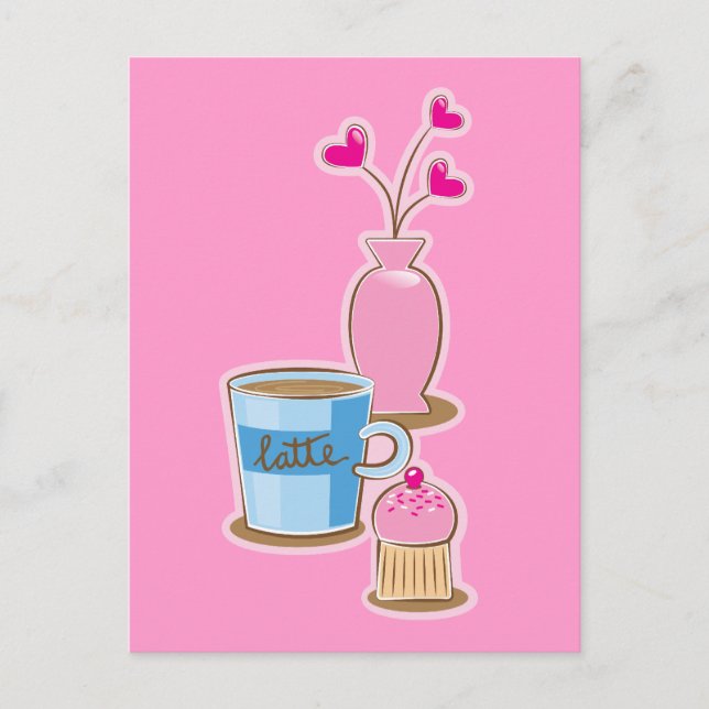 Cute kaffebrytning med blomsterhjärtan i latte vykort (Framsida)