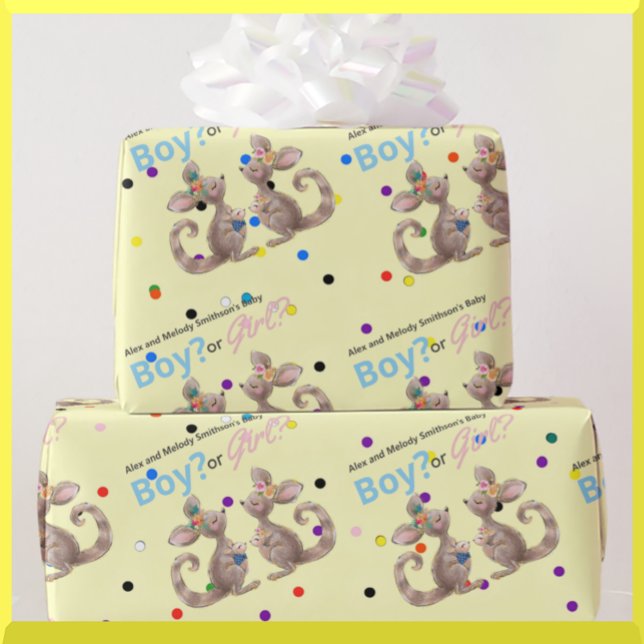 Cute Kangaroo Gender Reveal Gult Wrapping Papper Presentpapper (Skapare uppladdad)