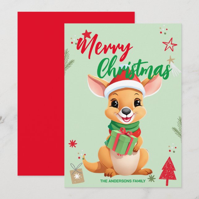 Cute Kangaroo, jul-Helgdag-familjen namn Julkort (Fram/baksida)