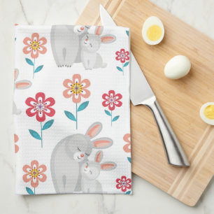 Cute kanin mor och kanin, blommor mönster kökshandduk