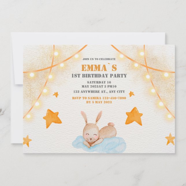 Cute kanin vattencolor Baby Första Födelsedagsfest Inbjudningar (Framsida)