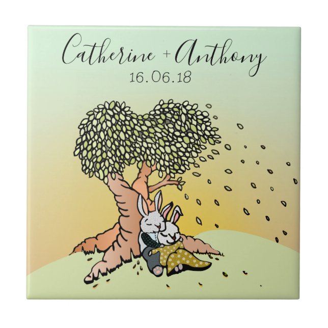 Cute Kärlek Bunny Rabbits Bröllop-årsdag Kakelplatta (Framsidan)